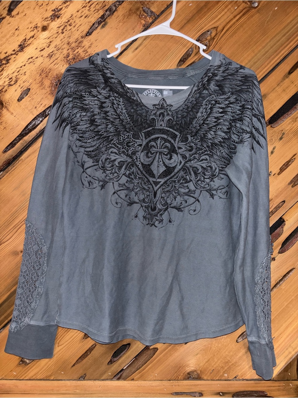 Affliction Gray Long Sleeve Tee with Black Wing Crest Graphic